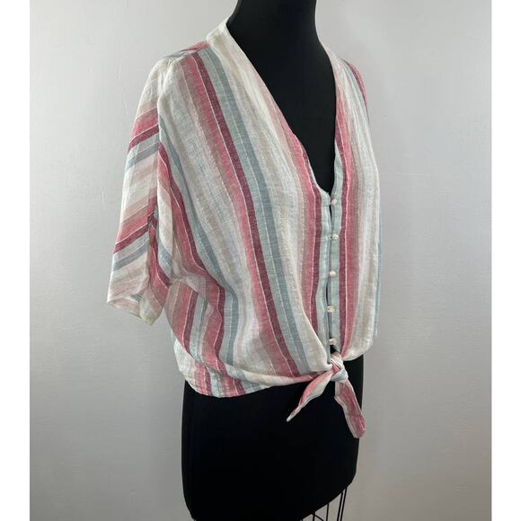RAILS Thea Tropic Stripe Top Button-Up Cropped Tie Hem Linen Metallic Shirt S - Picture 3 of 10
